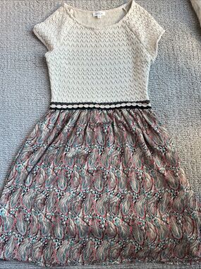 Anthropologie Cream Knit-Top Dress with Multicolor Printed Skirt